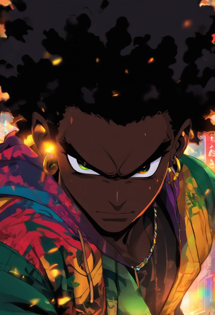 Jamaican sexy boy, black Afro, cabello color arco iris, ojos amarillos, dark skin, usar una sudadera con capucha, Graphic design jacket and torn jeans, toneladas de tatuajes y piercings, Obra maestra perfecta, alta calidad, High resolution, black face mask