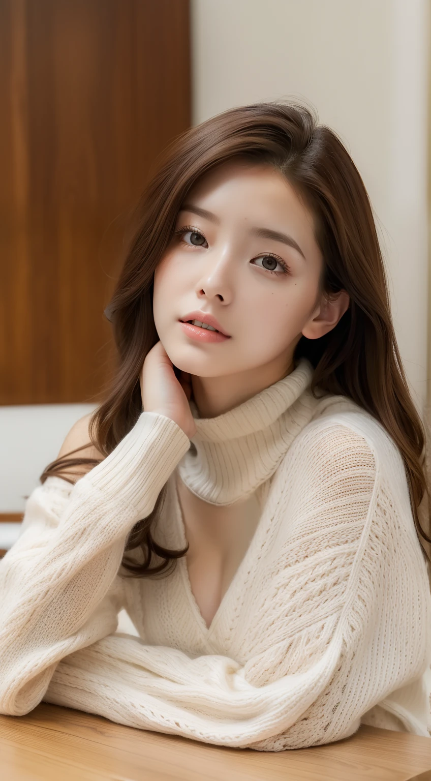 (RAW photo, Best quality), (Realistic, photo-realistic:1.2),High quality, (highdetailskin:1.4), 1girll,Lie on the table,Sweaters,huge tit
