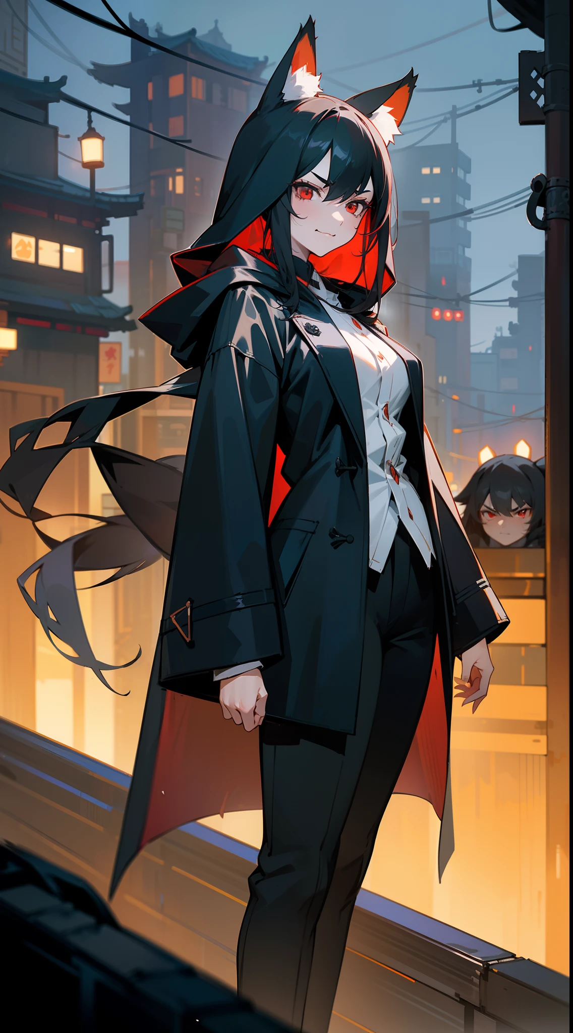 1girl,20s,tall,mature female,angry face,smile,black overcoat,hooded,black pants,medium tits,black hair,long hair,red eyes,fox ears,cowboy shot,((standing in night, asian Slum townscape street)),night