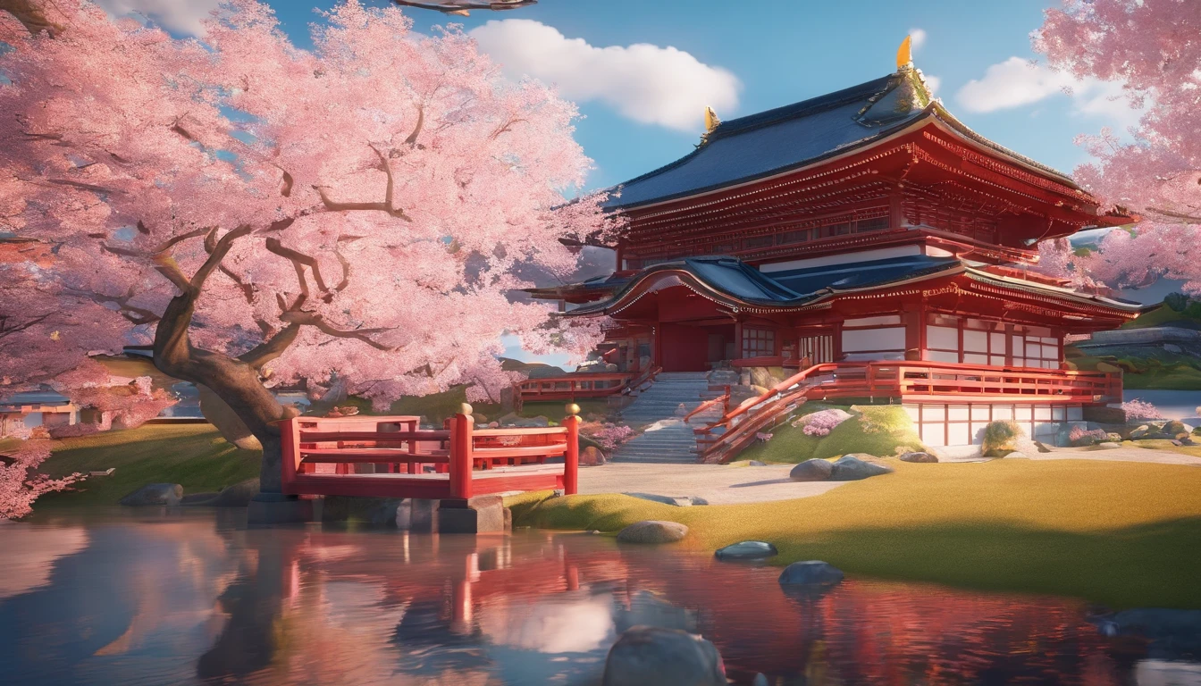 A picture of a Japanese temple surrounded by cherry blossoms in bloom