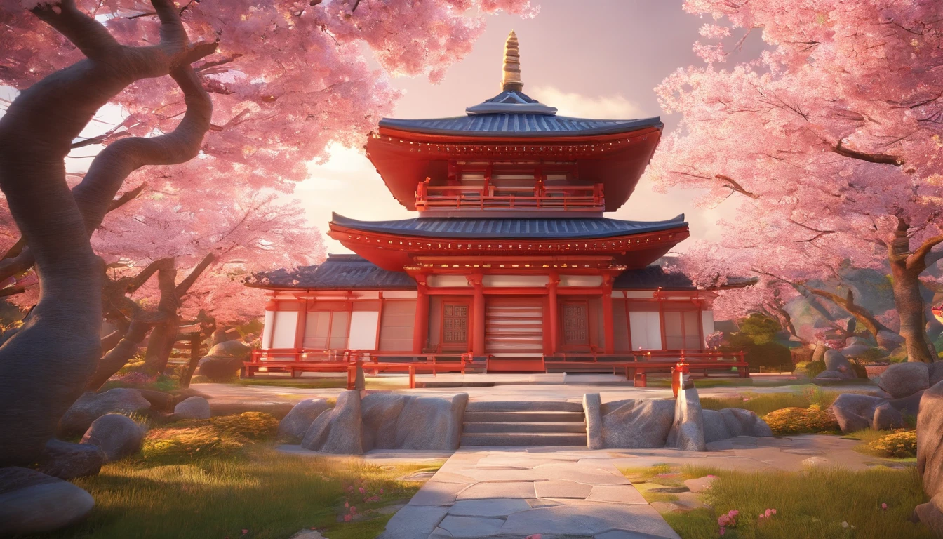 A picture of a Japanese temple surrounded by cherry blossoms in bloom