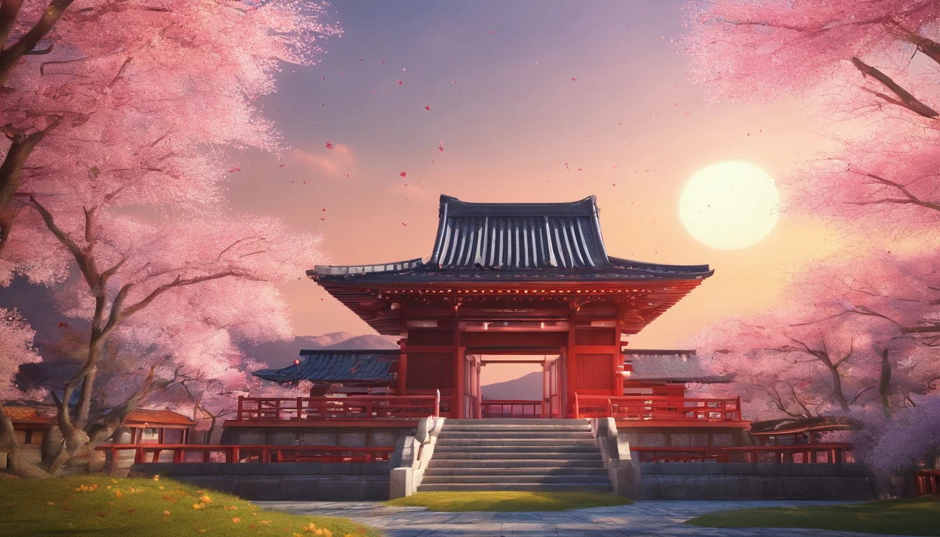 A picture of a Japanese temple surrounded by cherry blossoms in bloom