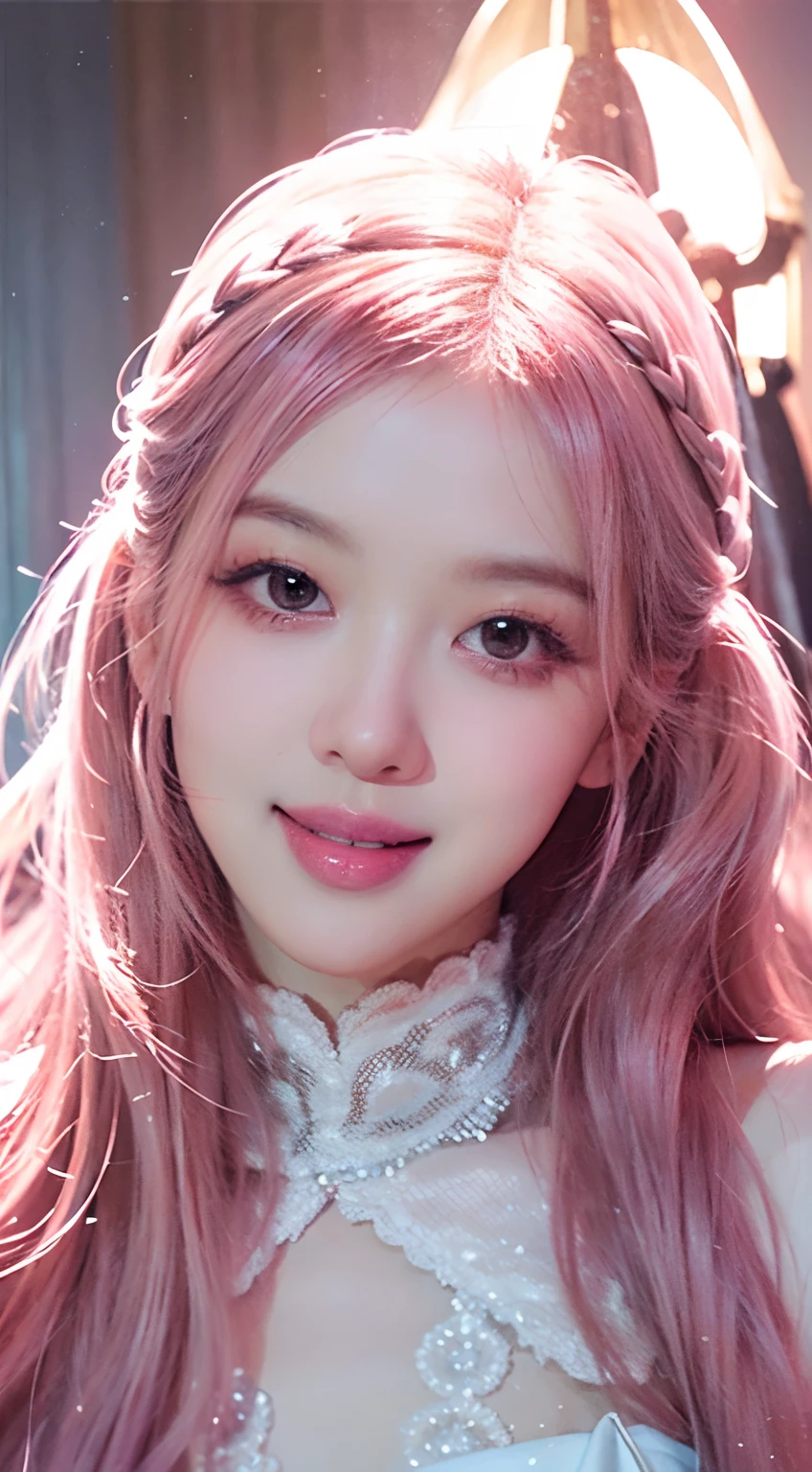 (best quality,ultra-detailed,photorealistic),pinkish colors,blackpink kpop idol,fantasy background,pretty smile,long wavy hair,glowing makeup,sparkling outfit,dreamy atmosphere,soft lighting,vibrant colors,fairy-like appearance