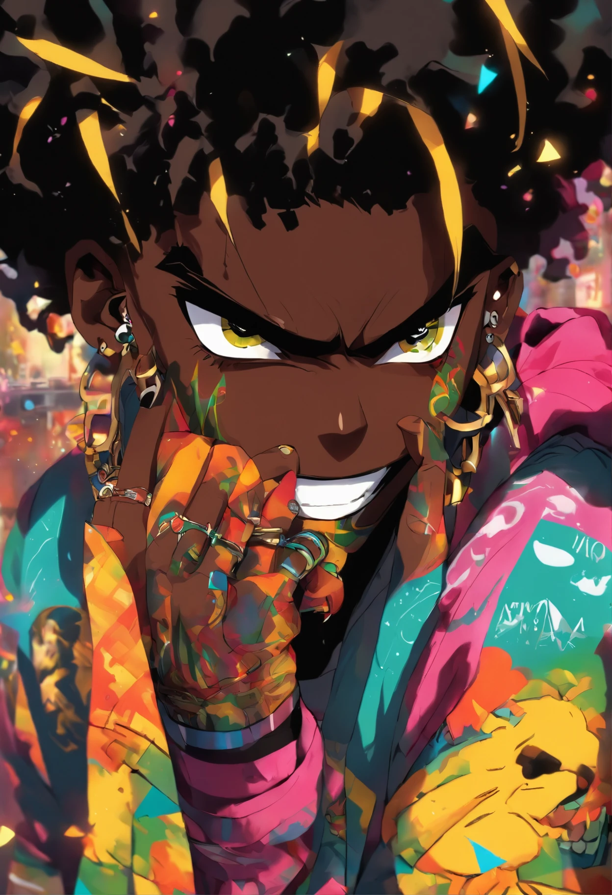 Jamaican sexy boy, black Afro, cabello color arco iris, ojos amarillos, dark skin, usar una sudadera con capucha, Graphic design jacket and torn jeans, toneladas de tatuajes y piercings, Obra maestra perfecta, alta calidad, High resolution, black face mask