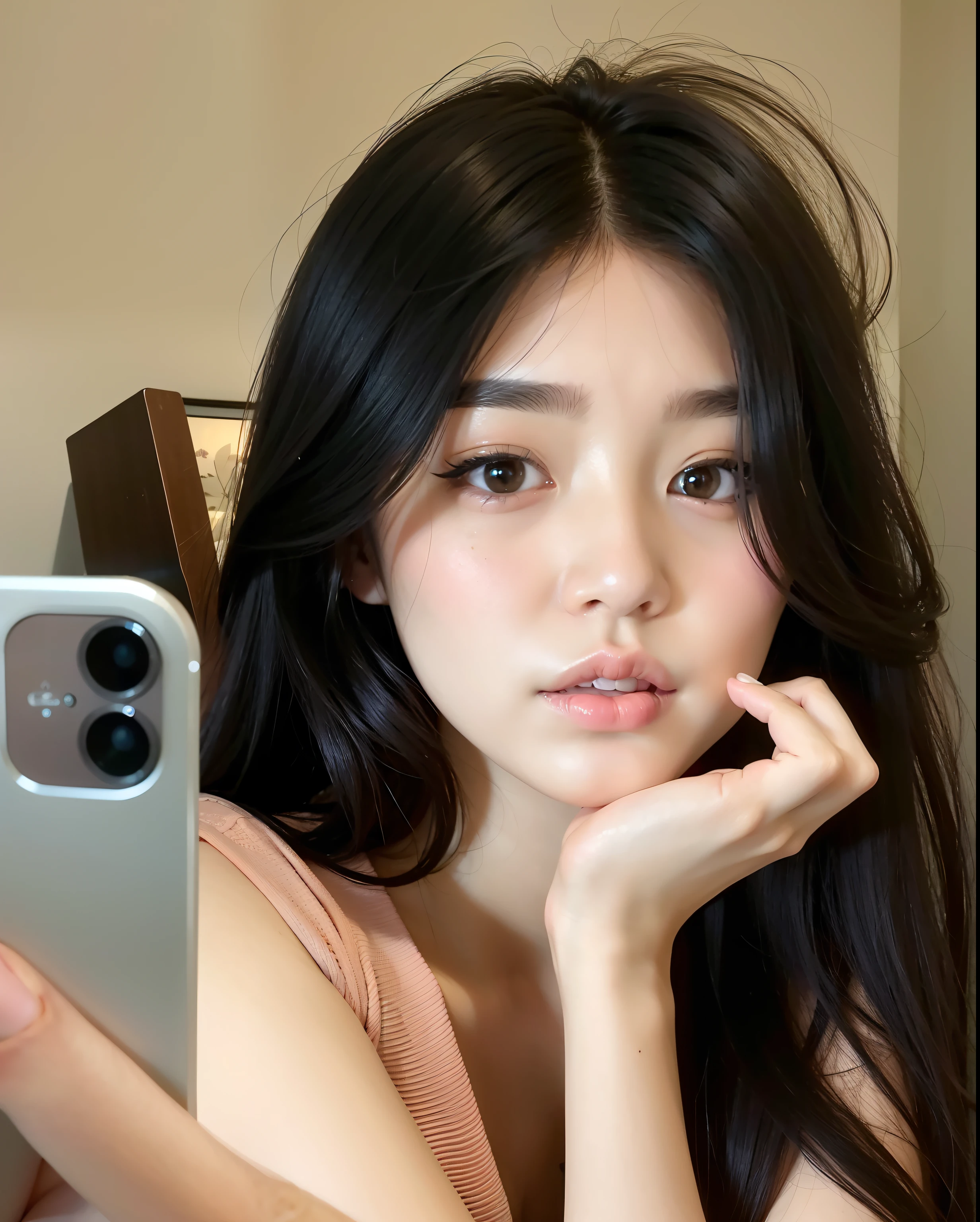 there is a woman that is taking a selfie with her cell phone, Bae Suzy, young adorable korean face, Jaeyeon Nam, Jinyoung Canela, wan adorable korean face, Gongbi, korean face features, linda mulher coreana jovem, Mulher sul-coreana bonita, young cute wan asian face, jennie blackpink, maquiagem sul-coreana popular, gorgeous chinese model, Heonhwa Choe