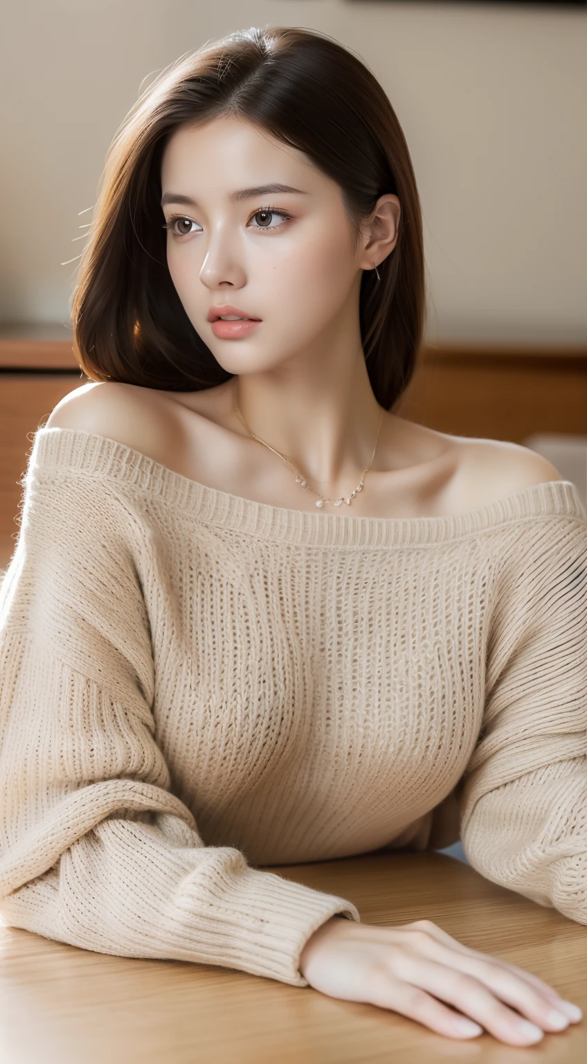 (RAW photo, Best quality), (Realistic, photo-realistic:1.2),High quality, (highdetailskin:1.4), 1girll,Lie on the table,Sweaters,huge tit