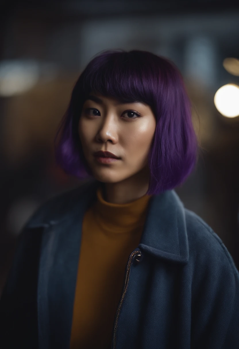 Non-binary asian person with short straight purple hair.