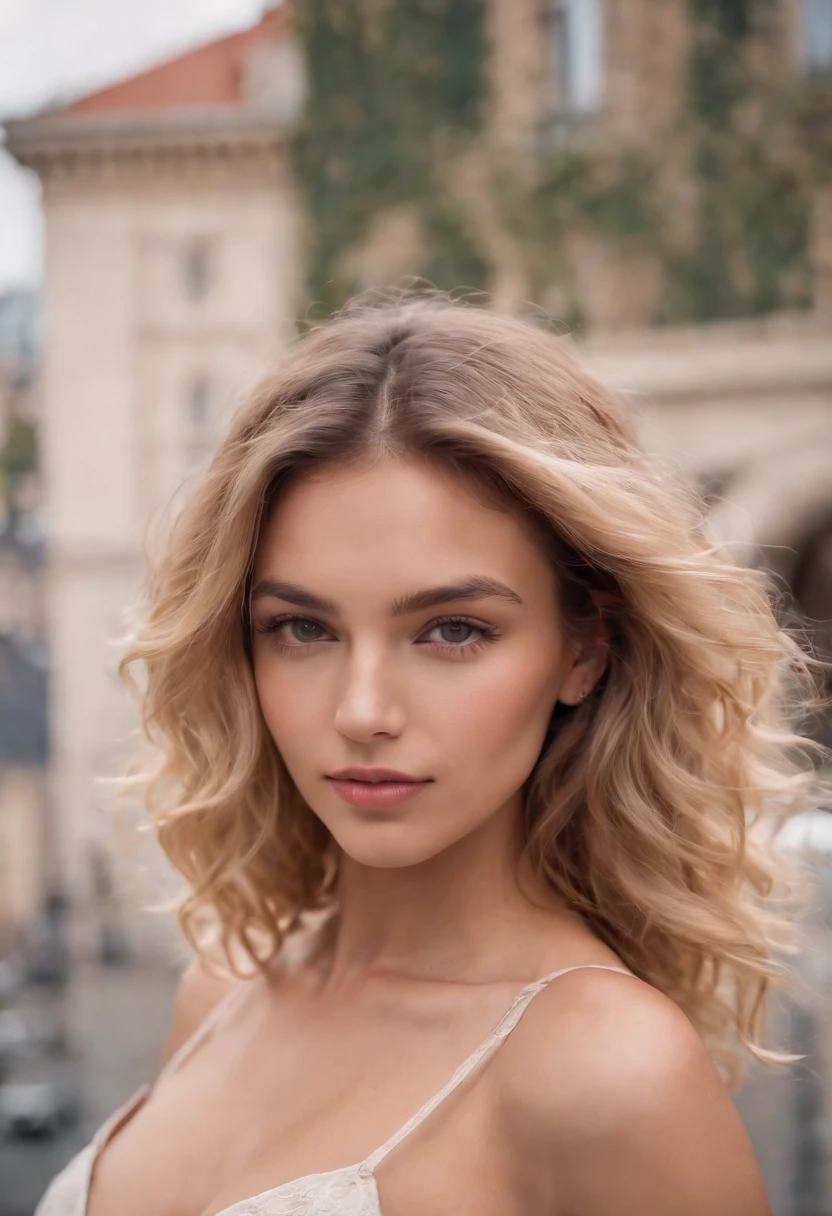 Femme sexy, 20 ans, sexy, athletic, tanned skin, gros seins, narrow waist, curly blonde hair, Instagram template, Realstic, Photo Instagram, photographie, authentique, naturel. Paysages de paris, Tall buildings holding hair behind his head with big Fes