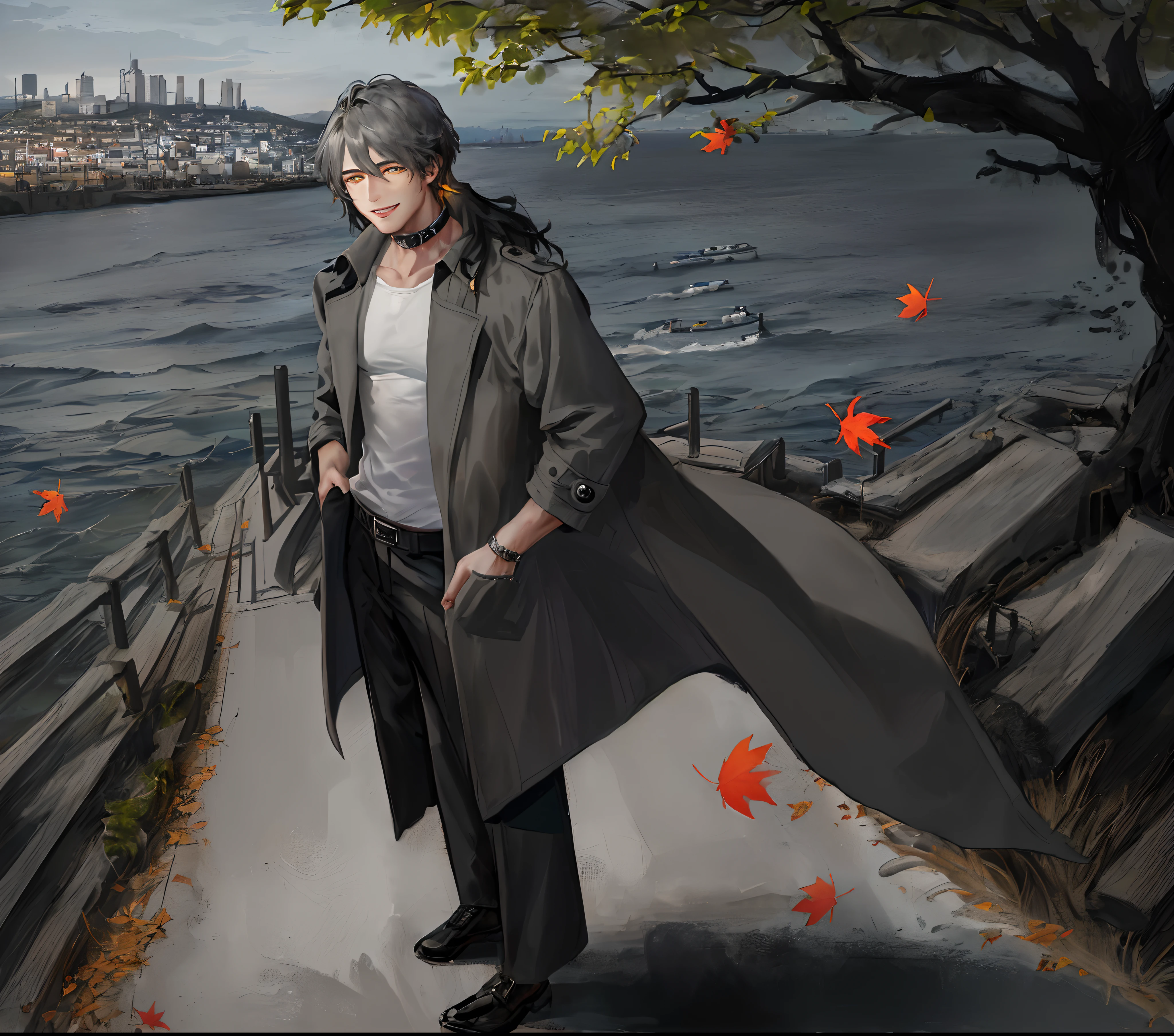 masterpiece, best quality, ultra realistic, photorealistic, high quality, human, handsome male, (((solo))), (male focus), mature, (black long hair), hair between eyes, pearcing on the ear, six pack body, ((yellow pupils)), detailed eyes, front view, (clothing, (topwear: ((dark-gray coat), (white t-shirt)), bottomwear:(pants: dark gray), standing, detailed clothing, coat collar, tall, smiling, (((city seaside))), trees, falling leaves, (detailed background)