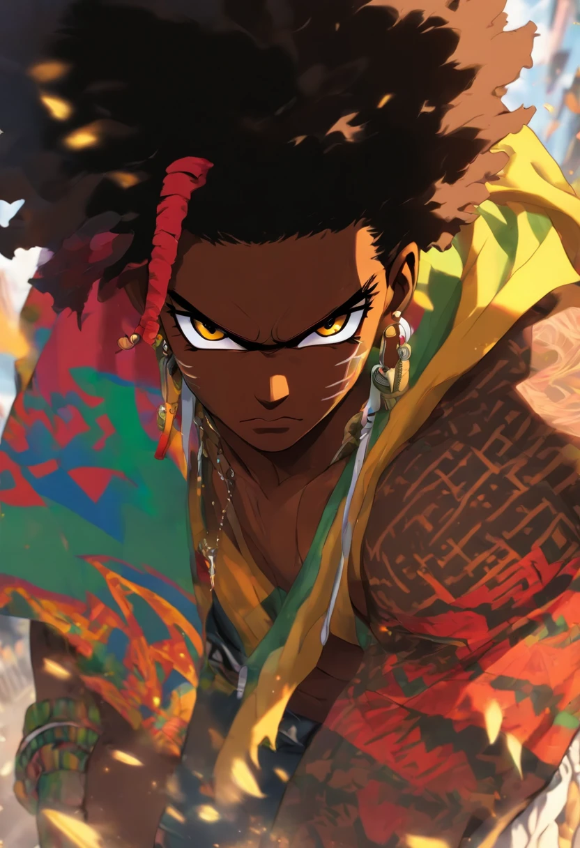 Jamaican samurai sexy boy, black Afro, cabello color arco iris, ojos amarillos, dark skin, usar una sudadera con capucha, and torn jeans, toneladas de tatuajes y piercings, Obra maestra perfecta, alta calidad, High resolution, black face mask