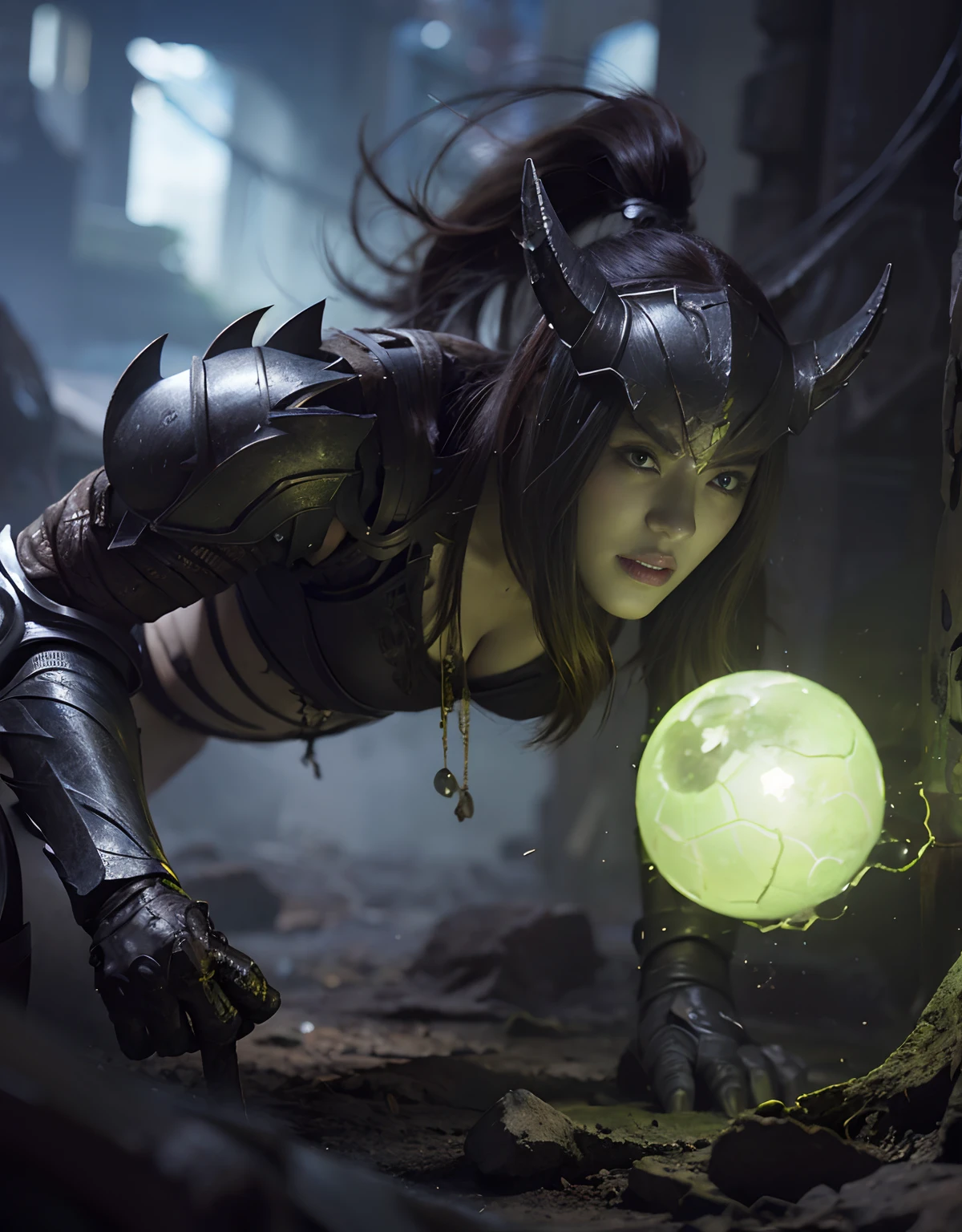 (One Knight Girl)、top-quality、masterpiece、超A high resolution、(Photorealsitic:1.4)、Raw photo、女の子1人、Fight mutants、(Wear the Dark Knight's Armor)、glowy skin、(((Dark Fantasy)))、With a beautiful sword and shield、(Black Metal Bodysuit)、(Fight goblins、ogre、Fierce battle with orcs),(Fight fiercely against aliens)、Fight fiercely、(Background of decaying dungeon ruins)、(Knight's helmet)、(Fighting Demonic Beasts)、(Small LED)、((super realistic details))、portlate、(Strong giant demon beast background),globalillumination、Shadow、octan render、8K、ultrasharp、Colossal tits、Raw skin is exposed in cleavage、metals、Details of complex ornaments、Japan details、highly intricate detail、Realistic light、(Mystical expression),CGSoation Trends、Red Eyes、radiant eyes、Facing the camera、neon details、(Mechanical limbs)、(blood vessels connected to tubes)、()、Gundam、Small LED、Toostock、(Fight aliens on another planet)、(Attack of the Monster Beasts)、(Wounded in a deadly battle)、