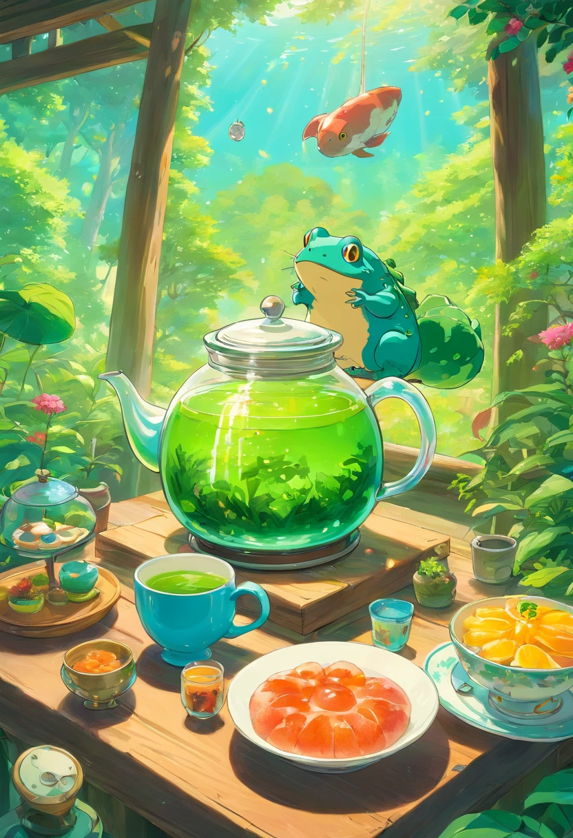 Sapo louco, estampa para camisa, full-colour illustration, higher detailed illustration, amazing food illustration, high detailed illustration, Artistic illustration, Highly detailed illustration, Tema Sapo, stylized digital illustration, a beautiful artwork illustration, vincent callebaut composition, graphic of enchanted terrarium, cup of tea, surreal tea party