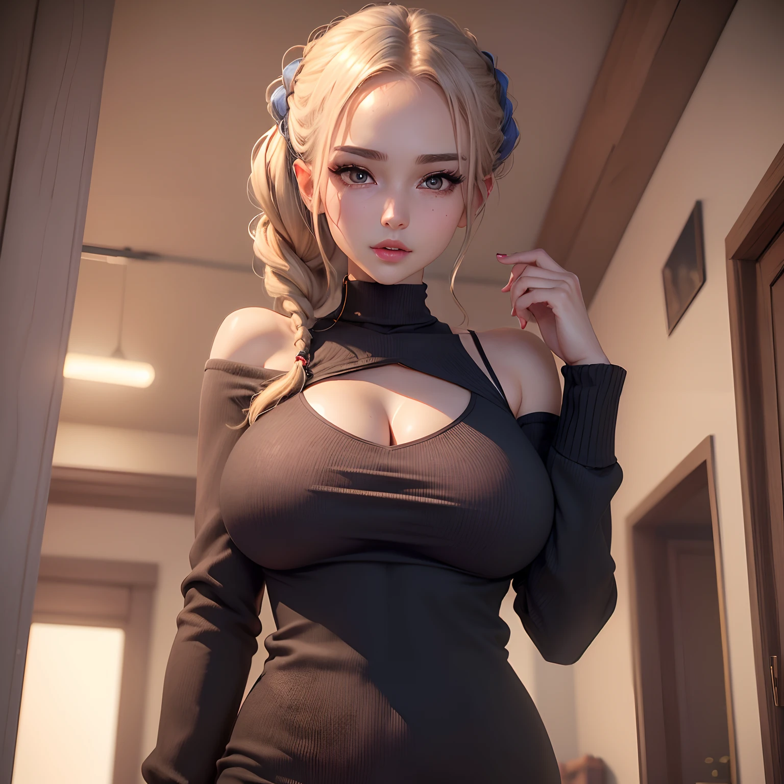 ((Best quality, 8k, Masterpiece :1.3)), 1girl, Pretty woman with emphasizing slender abs :1.3, (random hairstyles, Huge breasts :1.2), Casual outfit :1.2, Indoor, Ultra-detailed face, Detailed eyes, Double eyelid