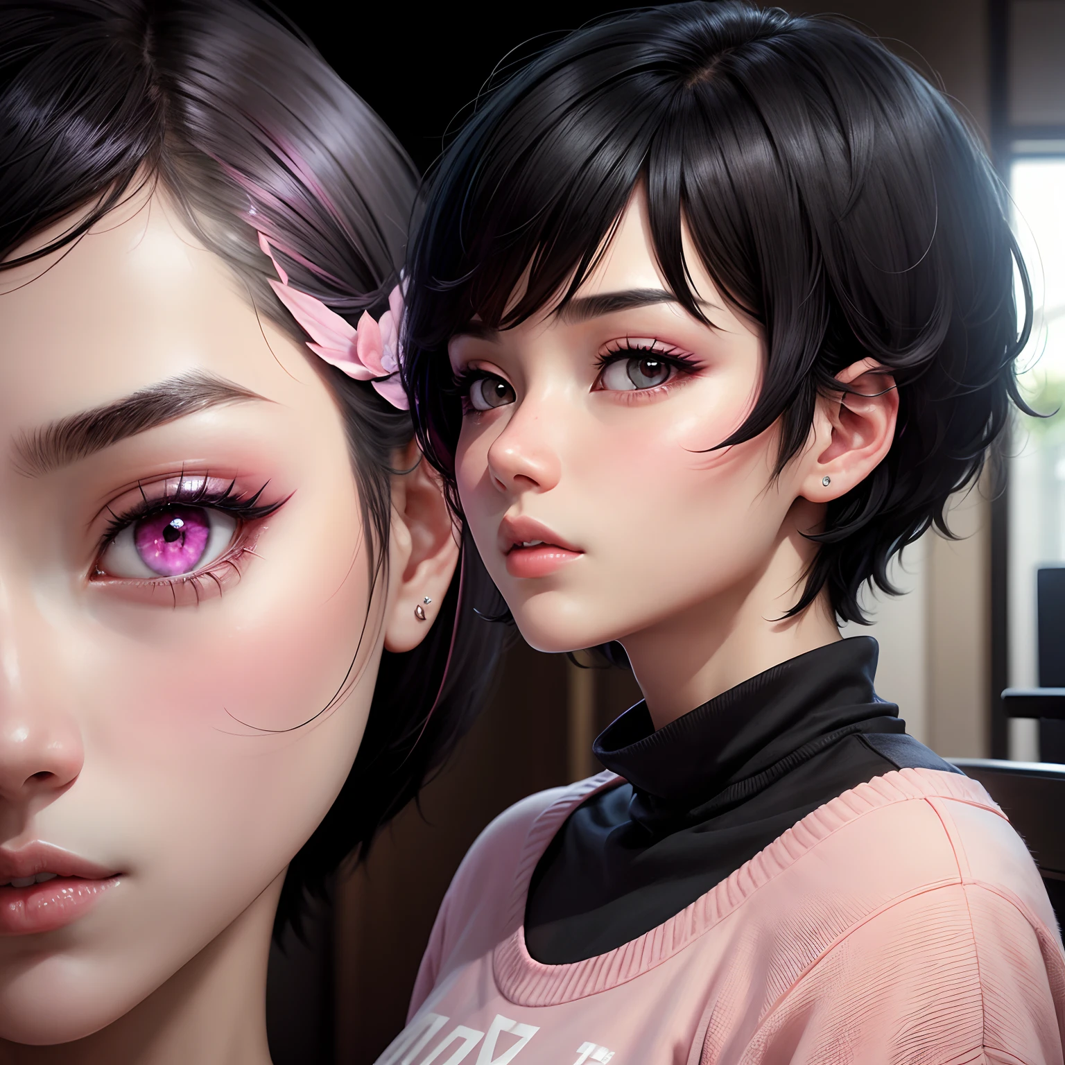Short black hair、Pink eyes、natta、profile