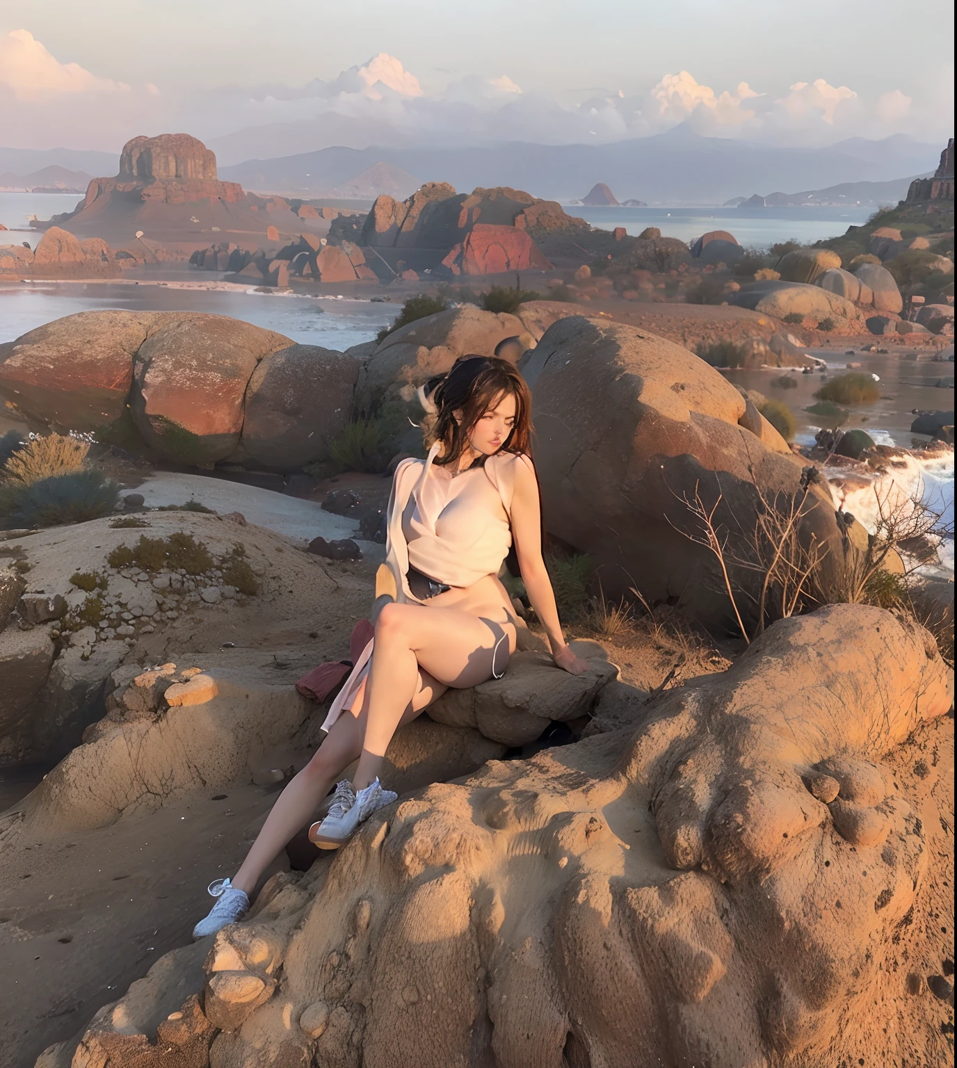 top-quality、beautiful female、Superb view、on a cliff、nude photography、naked portrait 、huge tit、The wind is blowing, short hair
