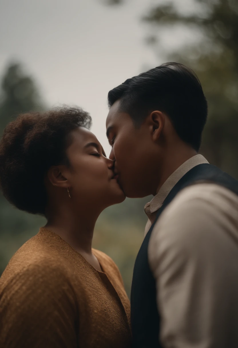 Kiss of an Asian non-binary person and a black girl with down syndrome