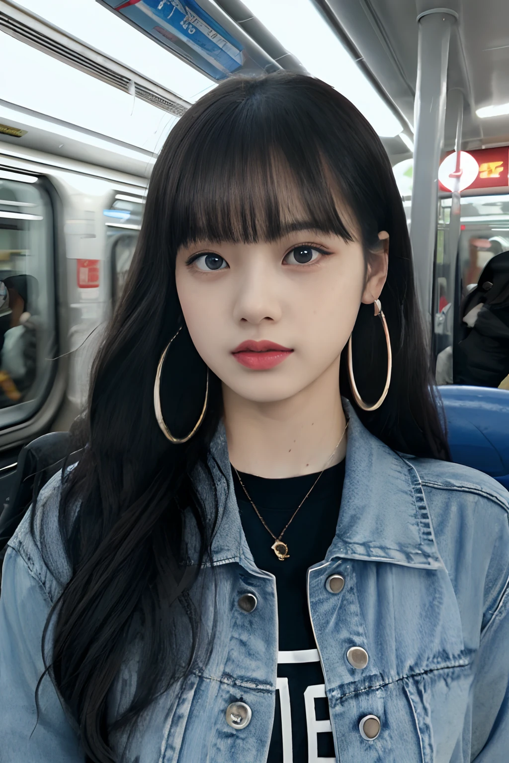 ((Pre-teen)), beautiful girl, freckles on her face, light blue eyes, big earrings, white t-shirt, jacket, black Leggings, full body, shot from below, very light skin, very long hair, wavy hair, red hair , busy subway car, photorealistic, Indirect lighting, volumetric light, ray tracing, hyper-detailed, best quality, ultra-high resolution, HDR, 8k