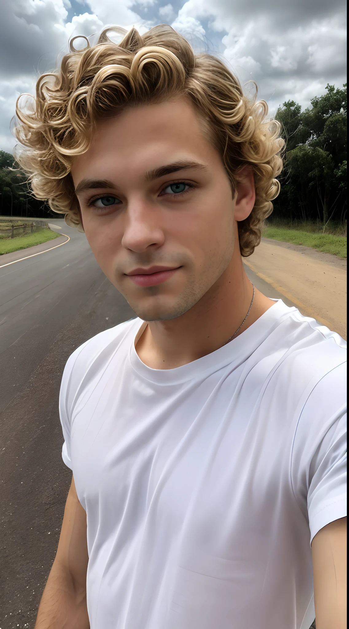 close up selfie, young man, (blonde curly hair:1.3), green eyes, clean shaved, cute, beautiful, skinny, white t-shirt, cloudy weather, road on the background,