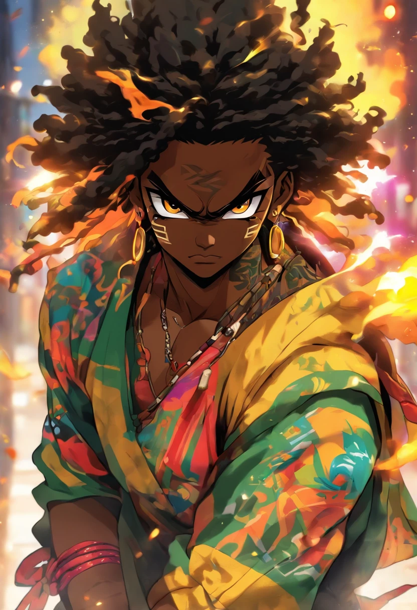 Jamaican samurai sexy boy, black Afro, cabello color arco iris, ojos amarillos, dark skin, usar una sudadera con capucha, and torn jeans, toneladas de tatuajes y piercings, Obra maestra perfecta, alta calidad, High resolution, with glasses