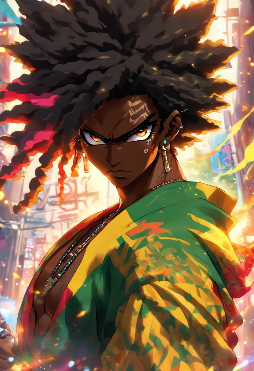 Jamaican samurai sexy boy, black Afro, cabello color arco iris, ojos amarillos, dark skin, usar una sudadera con capucha, and torn jeans, toneladas de tatuajes y piercings, Obra maestra perfecta, alta calidad, High resolution, with glasses