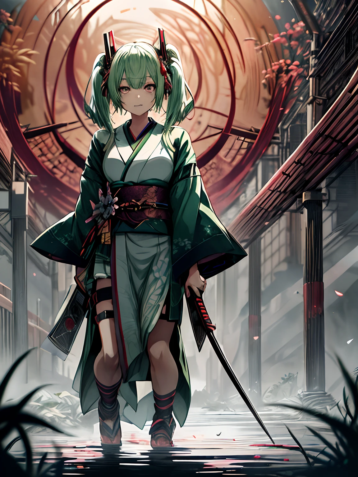 Japanese Katana Sword、Full body、Japanese dress、Kimono Dresses、long、miku hatsune、Green hair、Twin-tailed、Ahegao ( Silly / Sexual ecstasy)、Cross-eyed、Stranger、View other people、Blunt bangs、 over-kneehighs,Ahegao , Silly,Sexual ecstasy,Drunken eyes,Blunt bangs, Green hair,(masutepiece:1.2, Best Quality), (finely detailed beautiful eye: 1.2), (Detailed background,Dark Fantasy), (beautifull detailed face), High contrast, (Best Illumination, extremely delicate and beautiful), ((Cinematic Light)), Colorful, Hyper Detail, Dramatic light, Intricate details,