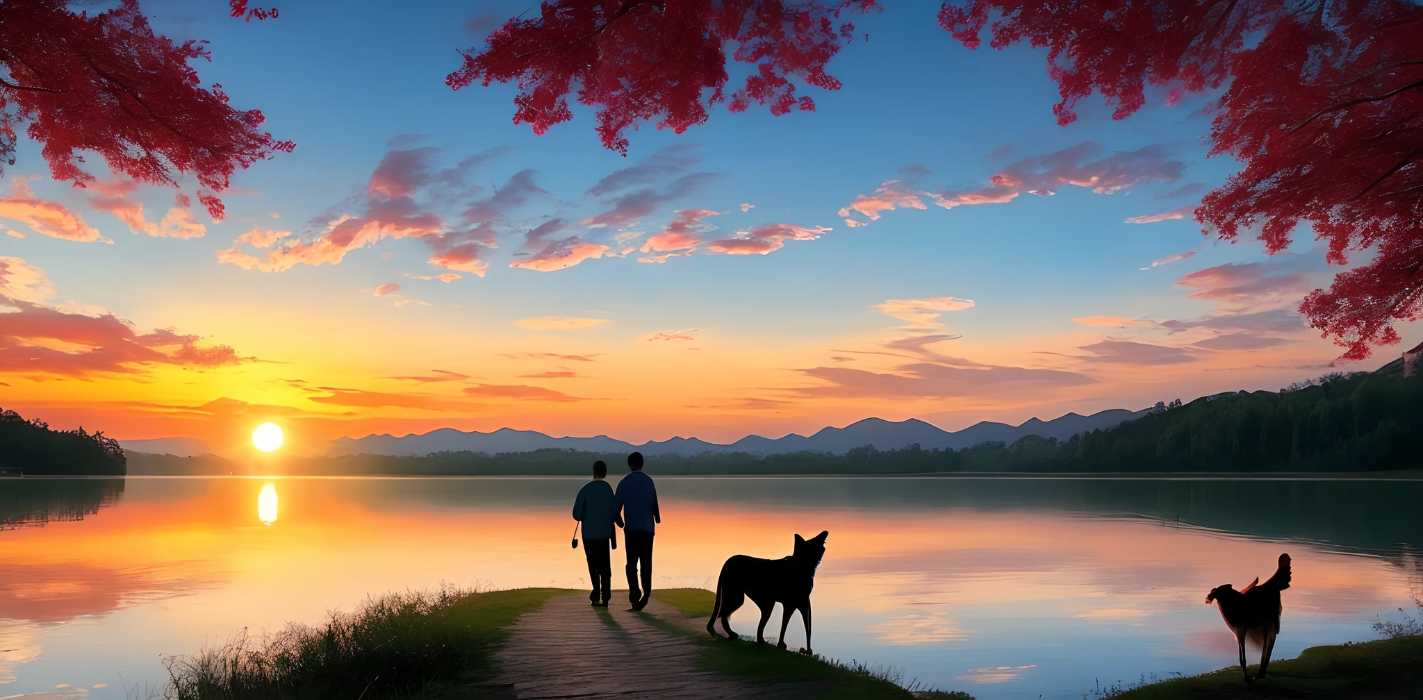 beutiful, Colorful sunrise by the lake, with pets, walking on the shore