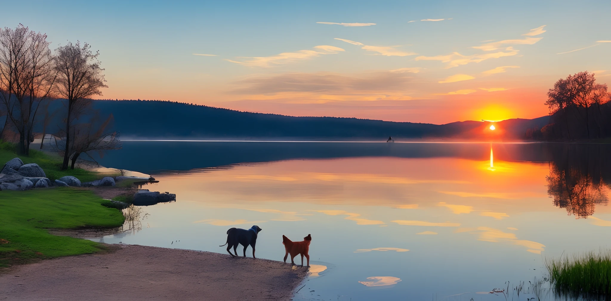 beutiful, Colorful sunrise by the lake, with pets, walking on the shore