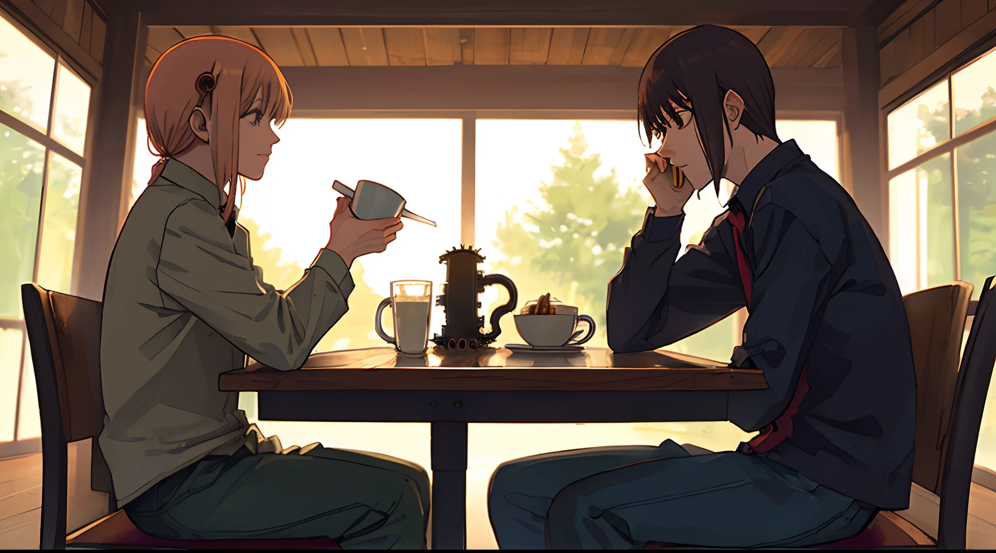 Makima (chainsaw man) sitting down drinking coffe