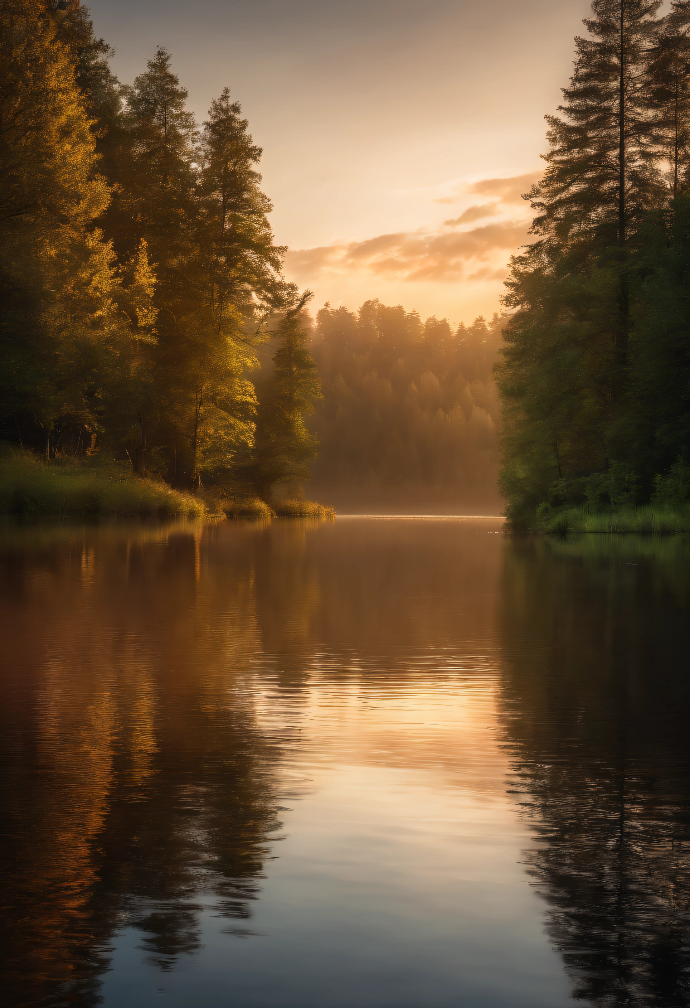 wallpaper, summer, lake, dawn, forest, detailed forest, clouds, masterpiece, cinematic, soft light, depth of field, ray tracing, reflection in water, realism, ulra detailed,