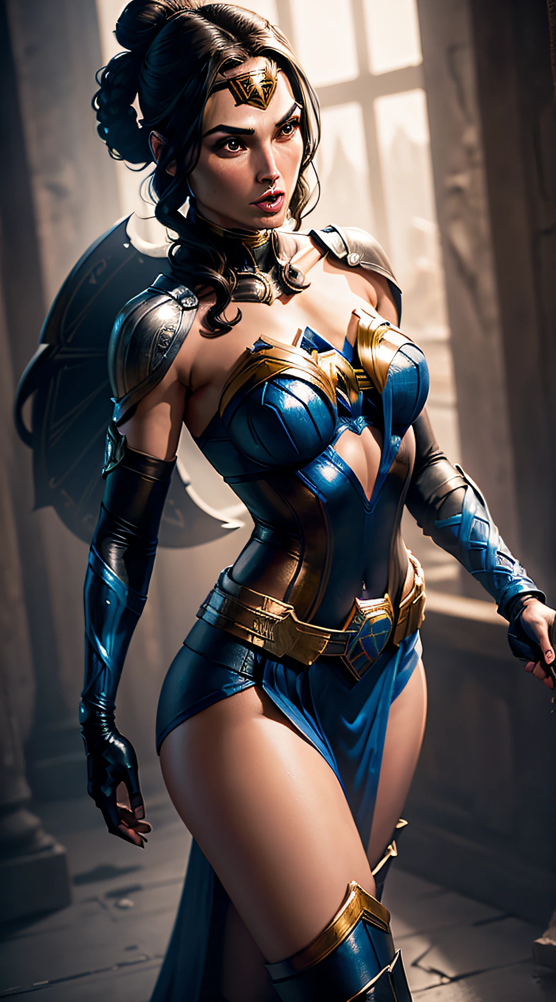 actess ((Gal Gadot)) as Kitana from Mortal Kombat, in the temple, wields fans, blue-and-black revealing bodysuit, blue stockings, blue ninja mask, high heels, (intricate hair bun), intricate, high detail, sharp focus, dramatic, photorealistic painting art by greg rutkowski