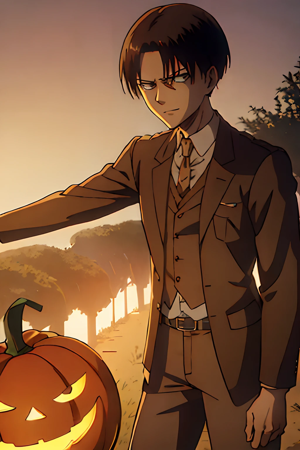 Attack on Titan,Leviaackerman,Wearing a suit,male people,animesque,hight resolution、hightquality、absurderes、finely detail、Manga、Anime coloring、A slight smil、Pumpkin Lantern、 ember,shorth hair,enticing,Halloween Costumes,Dramatic Angle,the woods,natta,early evening,ghosts