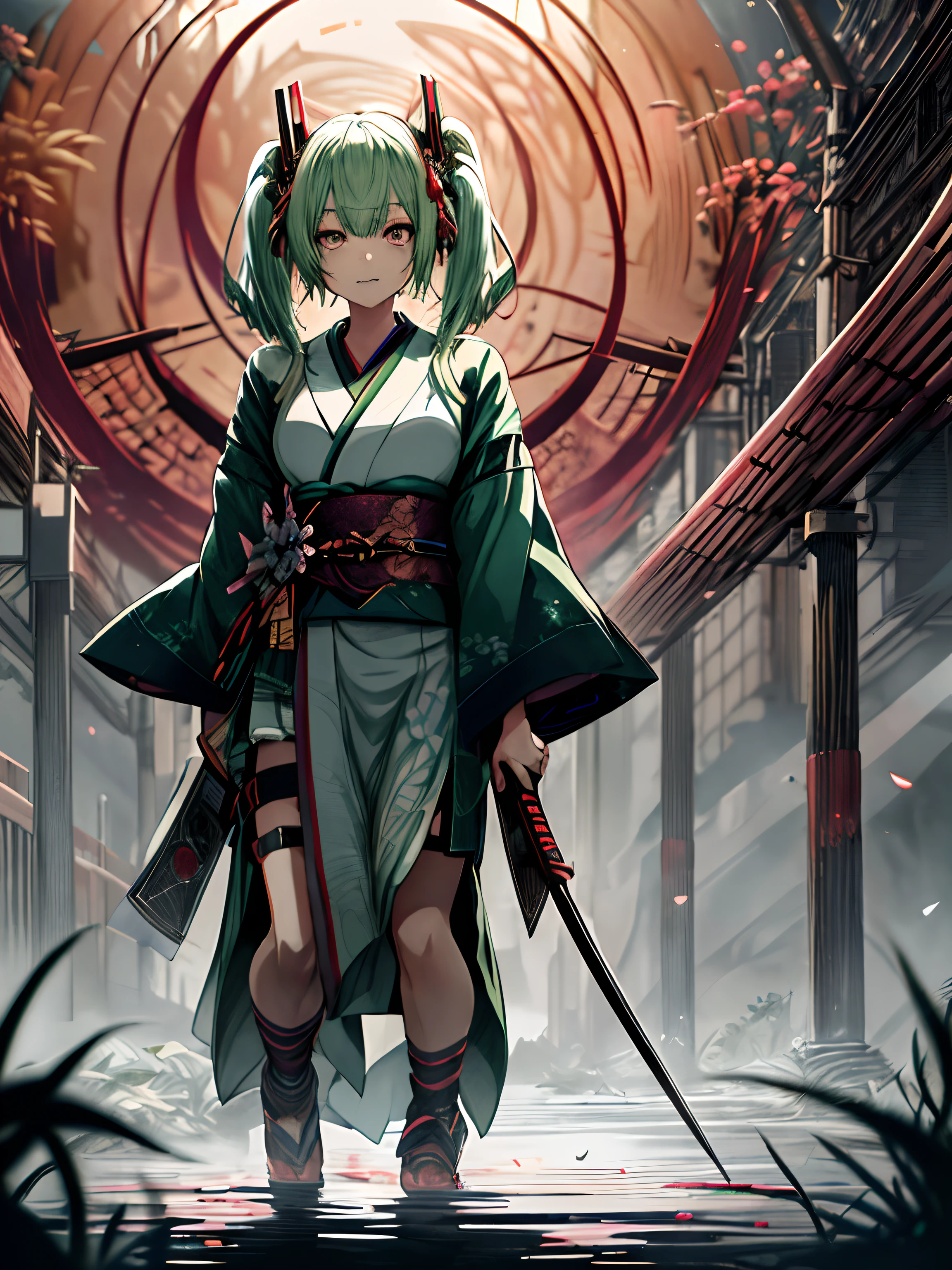 Japanese Katana Sword、Full body、Japanese dress、Kimono Dresses、long、miku hatsune、Green hair、Twin-tailed、Ahegao ( Silly / Sexual ecstasy)、Cross-eyed、Stranger、View other people、Blunt bangs、 over-kneehighs,Ahegao , Silly,Sexual ecstasy,Drunken eyes,Blunt bangs, Green hair,(masutepiece:1.2, Best Quality), (finely detailed beautiful eye: 1.2), (Detailed background,Dark Fantasy), (beautifull detailed face), High contrast, (Best Illumination, extremely delicate and beautiful), ((Cinematic Light)), Colorful, Hyper Detail, Dramatic light, Intricate details,
