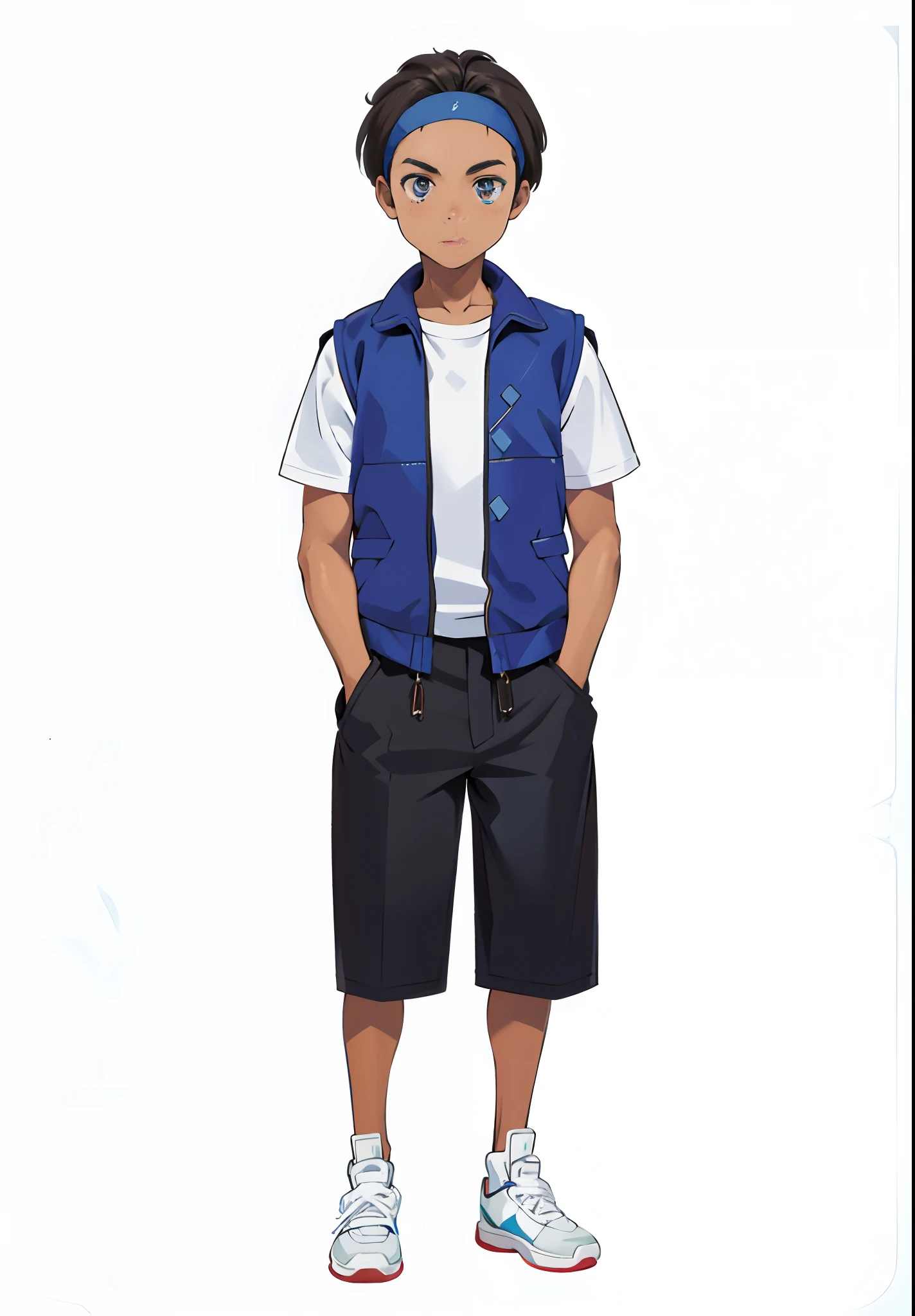 a close up of a doll of a boy wearing a blue vest and shorts, model is wearing techtical vest, pokemon trainer outfit, full body portrait of a short!, official character art, inspired by Junpei Satoh, official character illustration, tall anime guy with blue eyes, shinji ikari, hirohiko araki style, tezuka osamu, anime style, anime rendering,