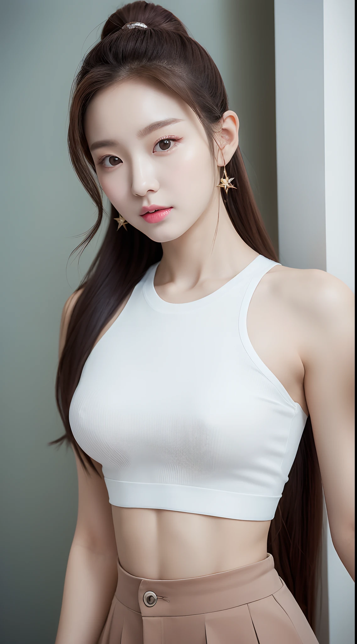 realistic photos of 1 cute Korean star, ponytail, white skin, thin makeup, 32 inch breasts size, wearing crop top, pants, in the building close-up portrait, UHD