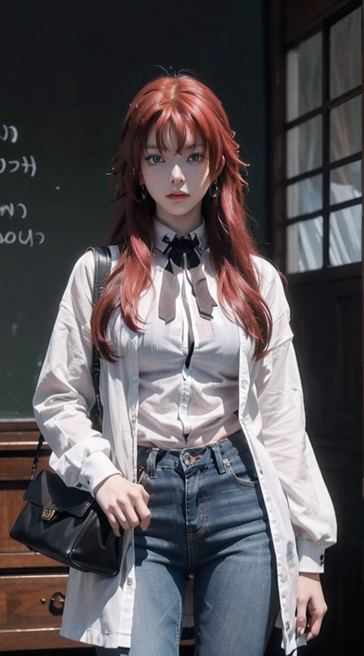 rias gremory, red hair, long hair, blue eyes, beautiful, beautiful woman, perfect body, perfect breasts, wearing white shirt, black cardigan, long jeans, handbag, wearing watch, wearing earrings, in class, on campus , university, blackboard, looking at the viewer, slight smile, realism, masterpiece, textured leather, super detailed, high detail, high quality, best quality, 1080p, 16k