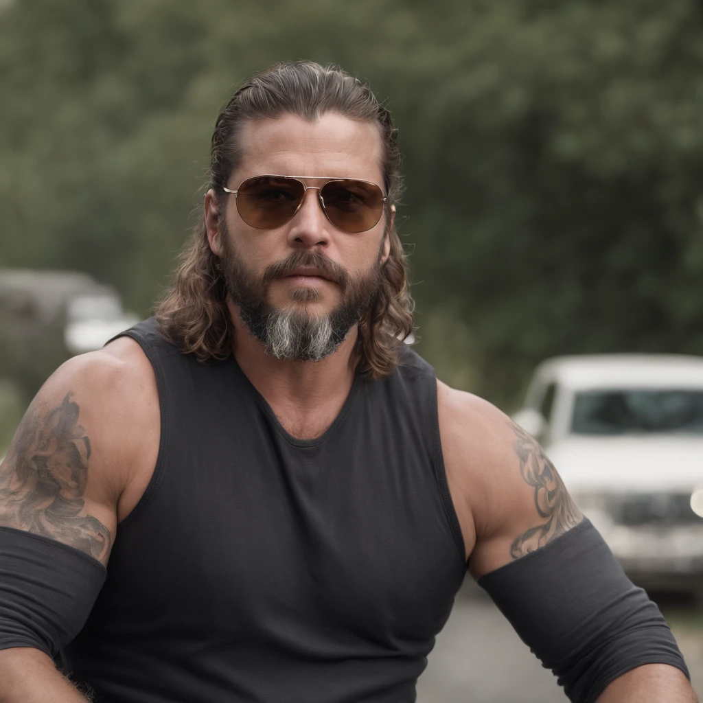 loirão, motoqueiro, ele tem 30 anos, barbudo, cabelos compridos, kevin nash, sunglasses, luvas pretas, zeus robusto, tatuado, biceps gigante, biker, brock hurn