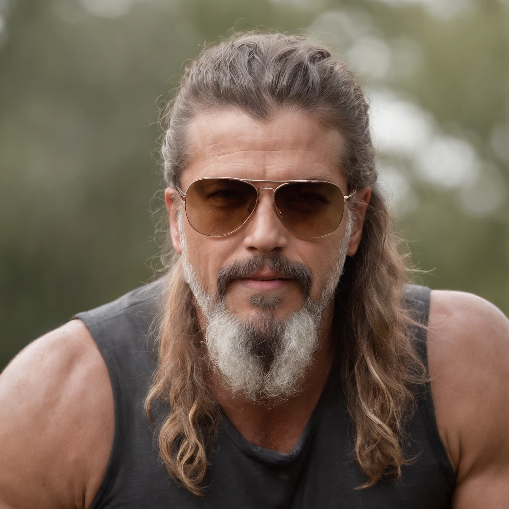loirão, motoqueiro, ele tem 30 anos, barbudo, cabelos compridos, kevin nash, sunglasses, luvas pretas, zeus robusto, tatuado, biceps gigante, biker, brock hurn