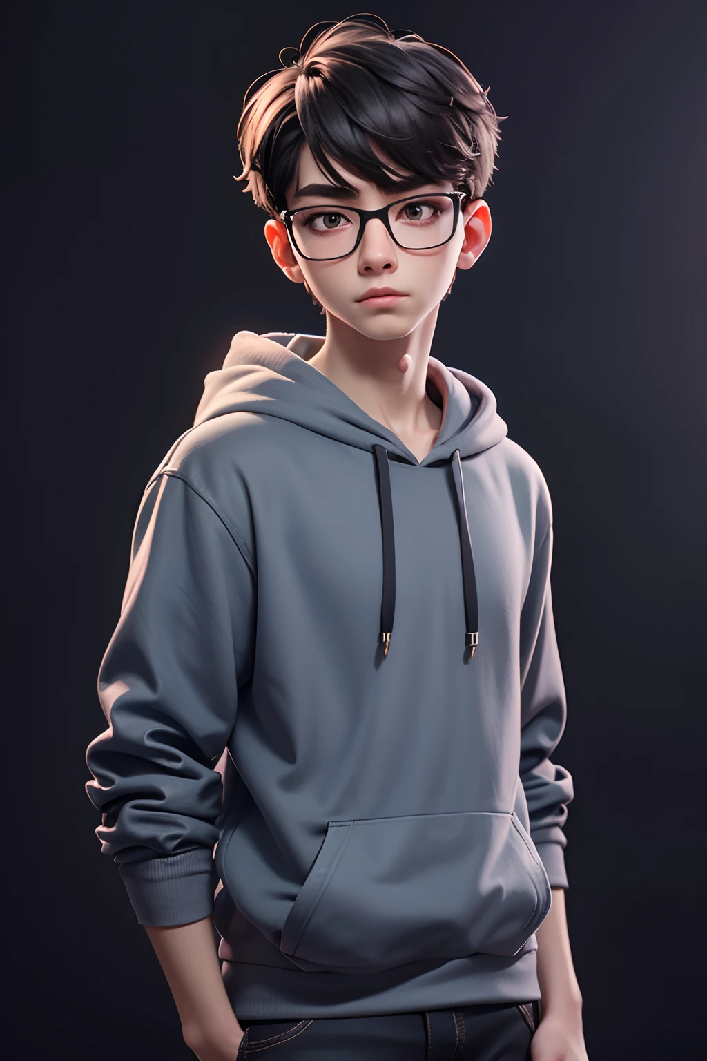 Masterpiece: 1.5), (Best Quality: 1.5), High Resolution, Highly Detailed, 3DMM, A Boy, Soloist, Hoodie, Leader, Wearing Glasses, Serious, Performance of Future Technology, Dark Gray Background