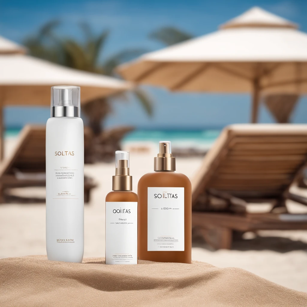 Generate an amazing image of our product 'solitas' with a model. Visualize an elegant bottle of our spray tan in a sunny beach setting. The packaging should reflect quality, modernity, and beauty. Have a model applying the spray tan to showcase its use and effectiveness. Highlight the different available shades of the product to showcase its versatility.