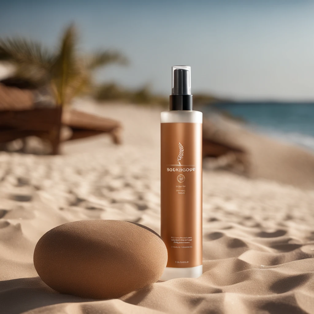 Generate an amazing image of our product 'solitas' with a model. Visualize an elegant bottle of our spray tan in a sunny beach setting. The packaging should reflect quality, modernity, and beauty. Have a model applying the spray tan to showcase its use and effectiveness. Highlight the different available shades of the product to showcase its versatility.