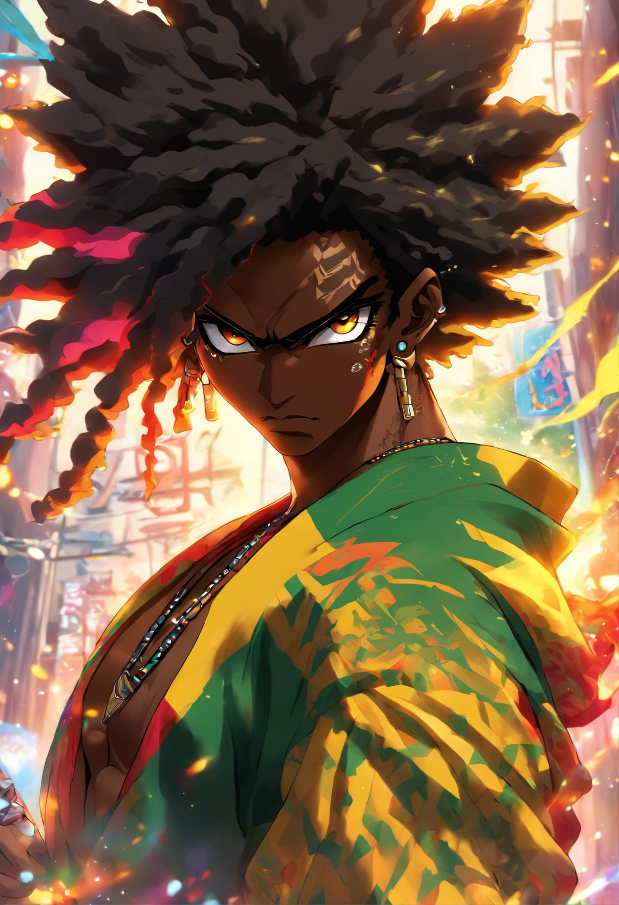 Jamaican samurai sexy boy, black Afro, cabello color arco iris, ojos amarillos, dark skin, usar una sudadera con capucha, and torn jeans, toneladas de tatuajes y piercings, Obra maestra perfecta, alta calidad, High resolution, with glasses