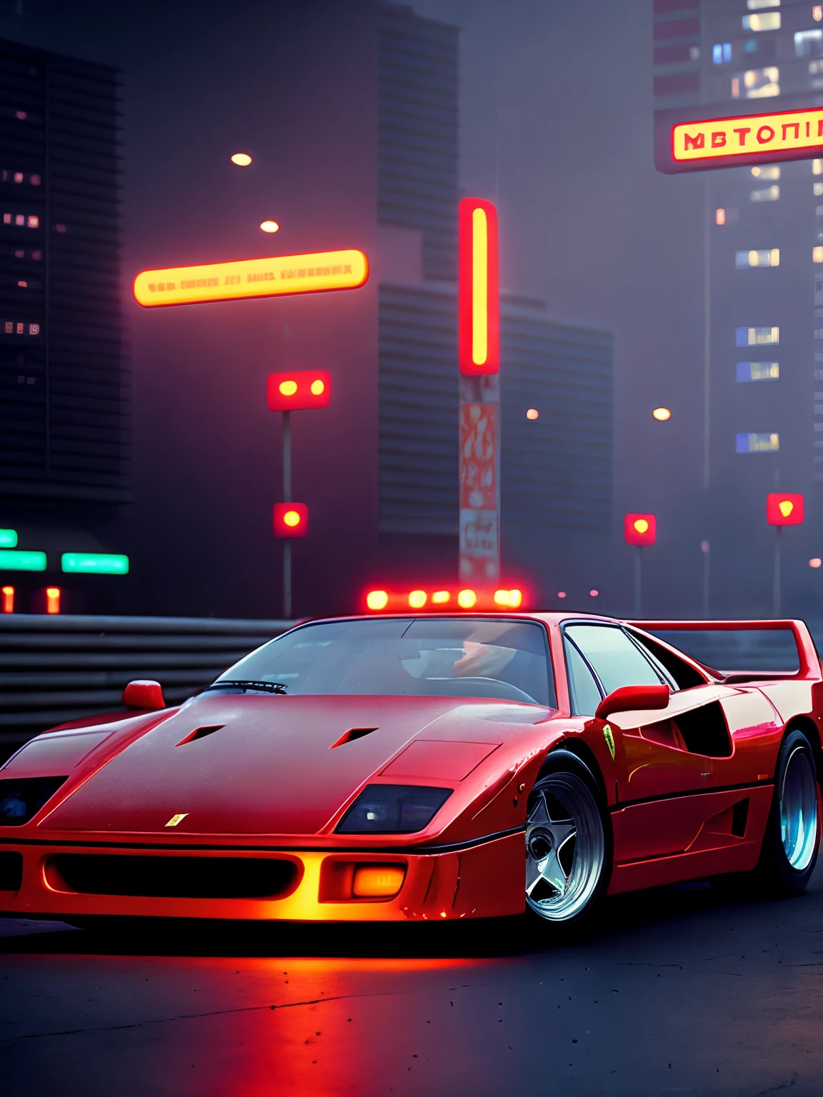 red FerFourty in cyberpunk cyberpunk city street background, neon lights, foggy street at night, bokeh, depth of field, volumetric light, gobo light, 1 car, analog, portra 800 film,
