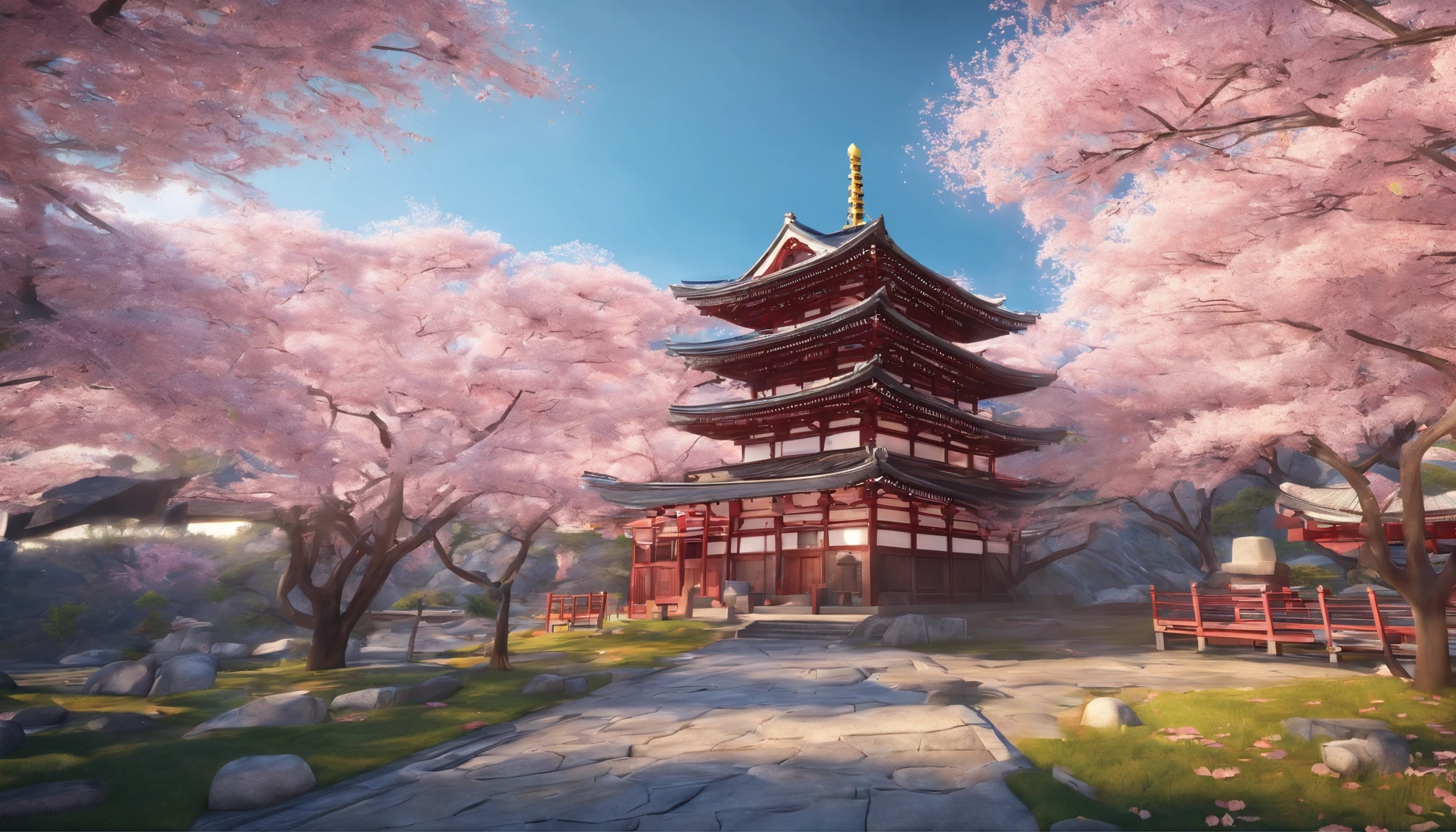 A picture of a Japanese temple surrounded by cherry blossoms in bloom