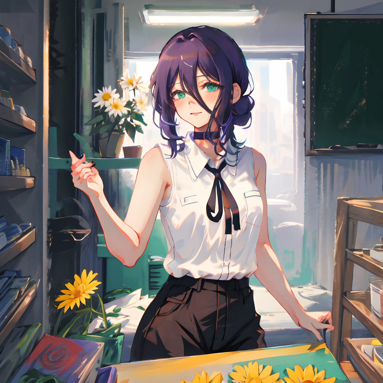 cowboy shot,((white shirt)),short tie,black tie,1 girl,shy, cute,negative space,green eyes, purple hair,indoors,night,holding_flower,holding_daisy, classroom