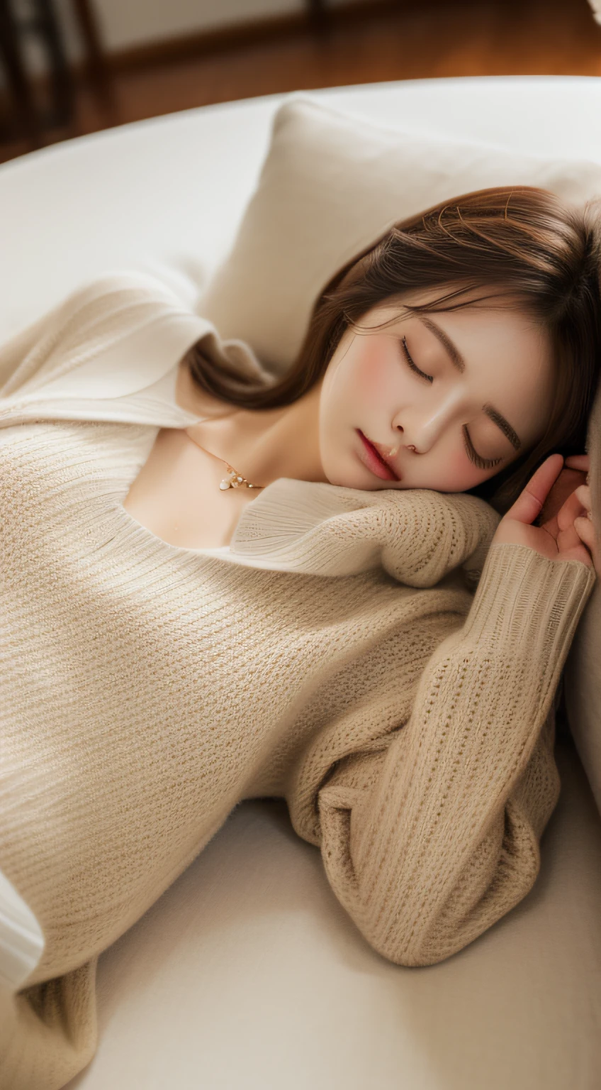 (RAW photo, Best quality), (Realistic, photo-realistic:1.2),High quality, (highdetailskin:1.4), 1girll,fall asleep on the table,arm as a pillow,bow,Sweaters,huge tit
