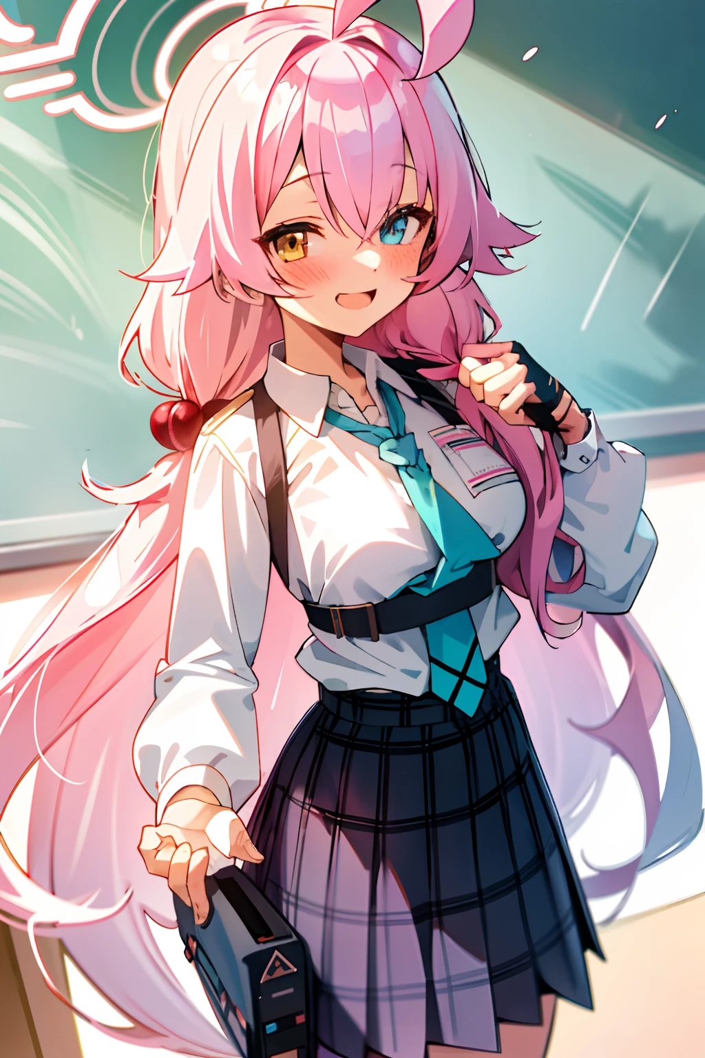Hoshino (Blue archive), a girl with long uniform hair, pink hair, embarrassed face, blushing, bra visible, classroom, best quality, High quality, big breast, Big ass, big hips, Good thighs