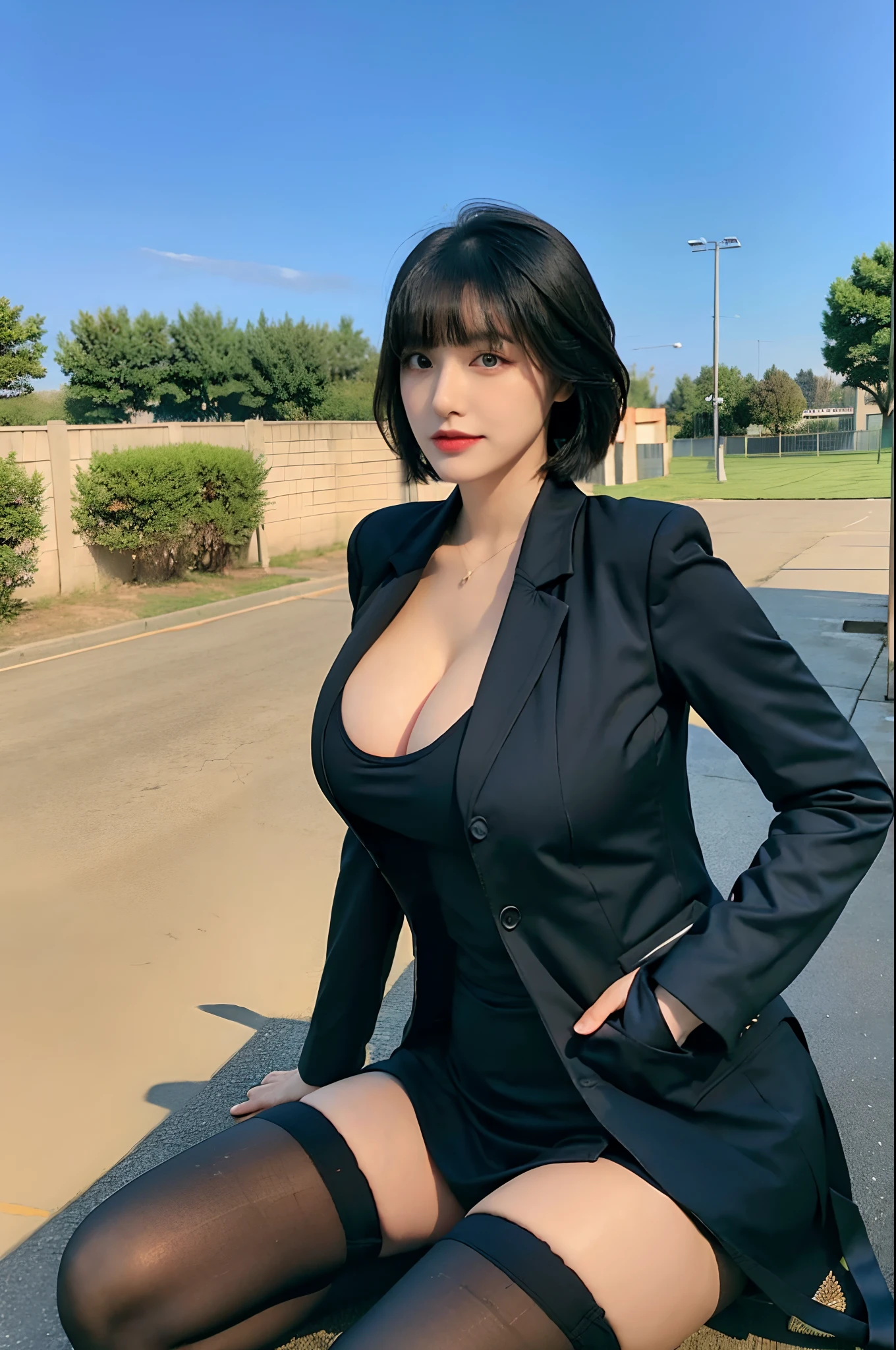 there is a busty woman in a black suit jacket and short skirt posing for a picture, (one girl), huge fake boobs, sexy body, slim waist, big butt, front bangs short hair, wearing inside clothes, (generous cleavage open suit jacket), wearing military officer suit, girl in suit, office clothes, wearing a black noble suit, girl in a suit, open suit jacket, woman in military officer suit, ji-min, with black, white military officer suit, military officer attire, (she is in an outdoor parking lot), full body 4K, sexy pose, (wearing black stockings), (wearing short black slit skirt), standing, (unbuttoned jacket), blue sky, clouds, (curvaceous pose), ((military badges)), ((military ribbons)), ((ranks)), wide and long cleavage, sunny