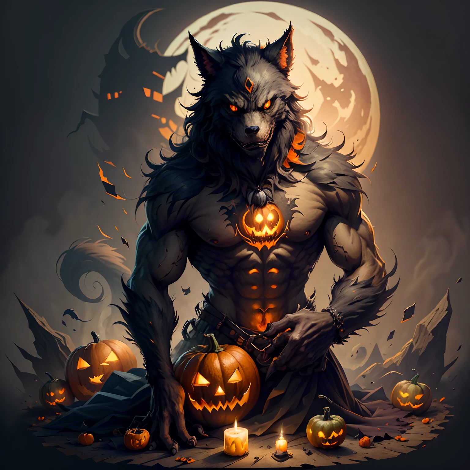 A werewolf with scary pumpkins lantern in halloween theme, vector art, digital painting, white background, printable