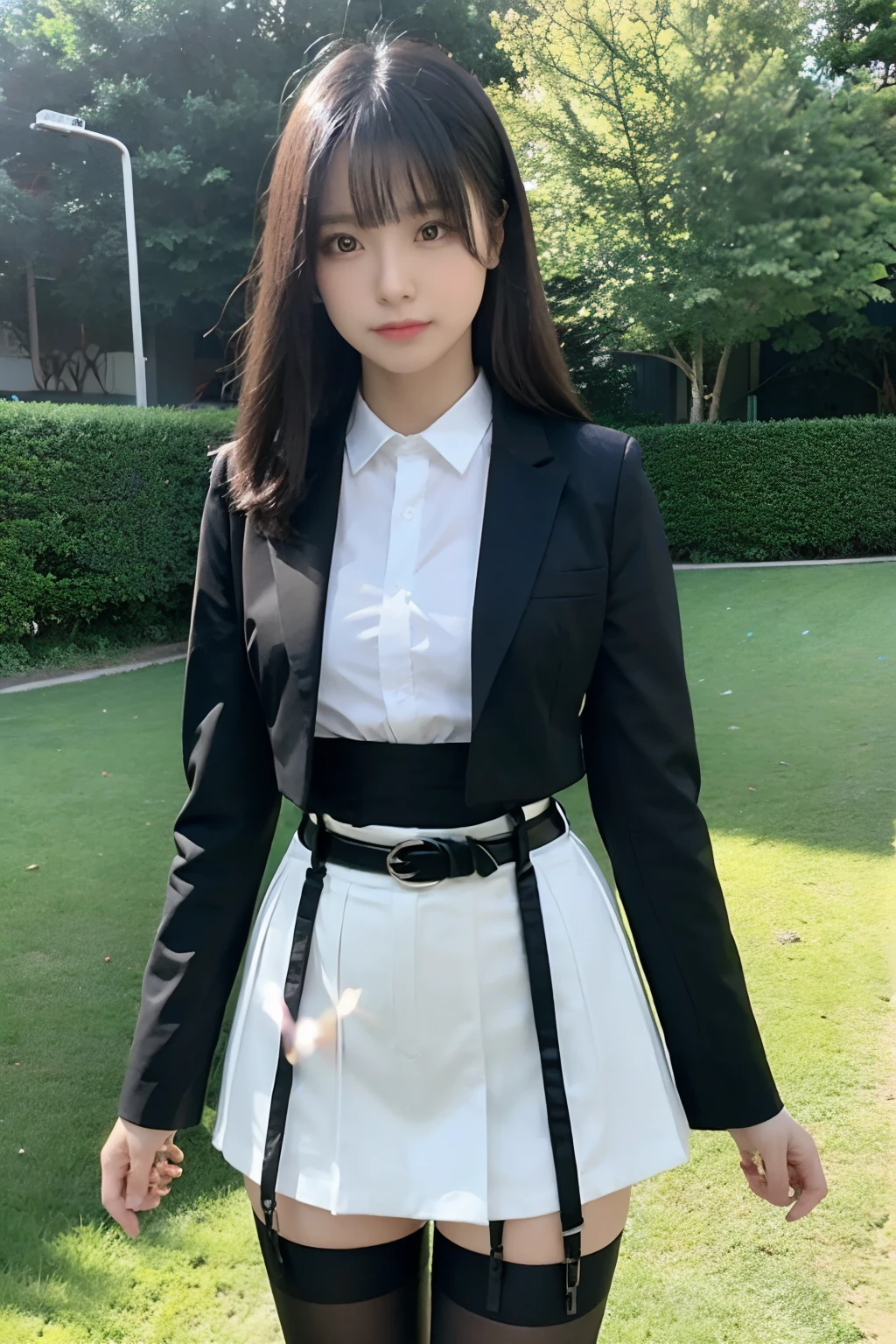 masterpiece、top-quality、The ultra -The high-definition、、colourfull、flat-colors、depth of fields、lens flare 1 girl、、A dark-haired、watching at viewers Suits Cutter shirt a belt suspenders working adults materia OL Black Suit Black jacket glares huge-breasted a miniskirt garterbelts knee high Stockings Black Niso