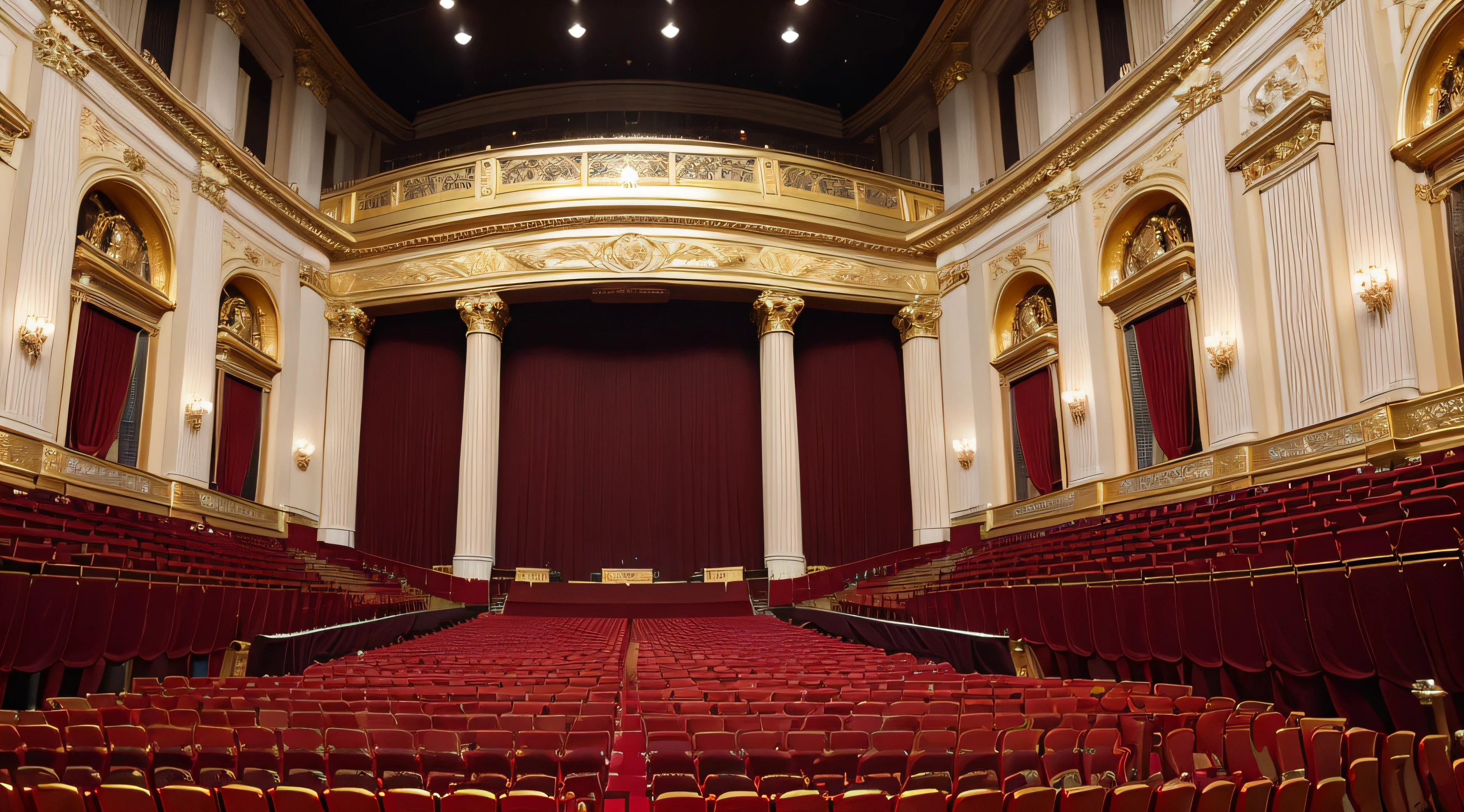 theatre in the style of Opera Garnier, Inside the theater with stage and rows of seats, Dominant gold color, Masterpiece , high level of detail,